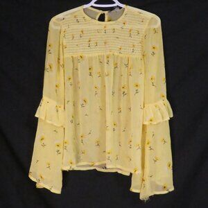 ATMOSPHERE | size 10 | Yellow Floral Print Bell Sleeve Blouse | Back Button